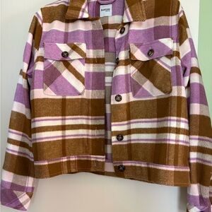 Kensie Plaid Shirt Jacket in Lilac, Brown and Cream